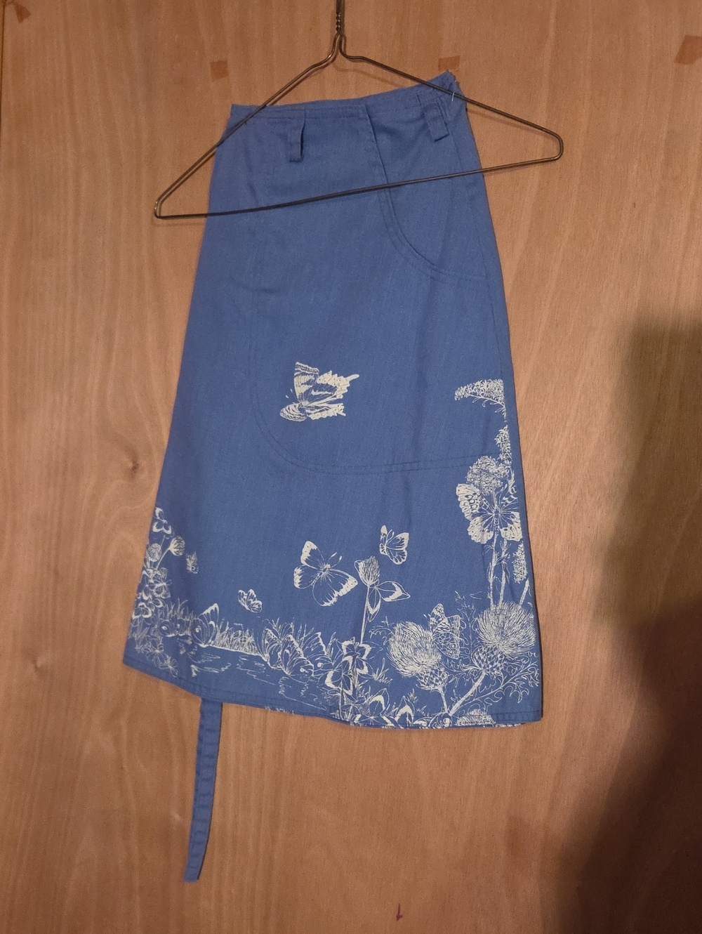 Vintage 70s Blue A-Line Wrap Skirt with White Botanical & Butterfly Print